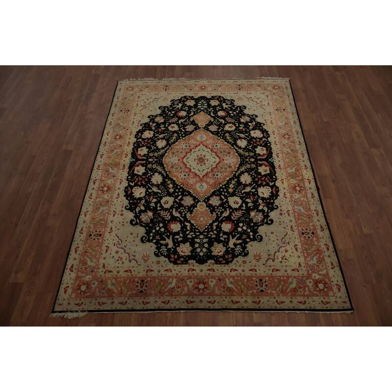 Hand Knotted Oriental Wool & Silk Carpet Traditional Floral Black Tabriz Area Rug - 6' 7'' X 4' 10''