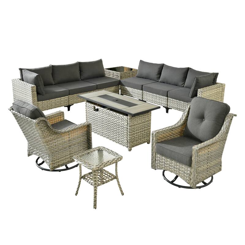 OVIOS 11-Piece Outdoor Wicker Swivel Chair Set With Solar-Powered Coffee Table&Fire Pit