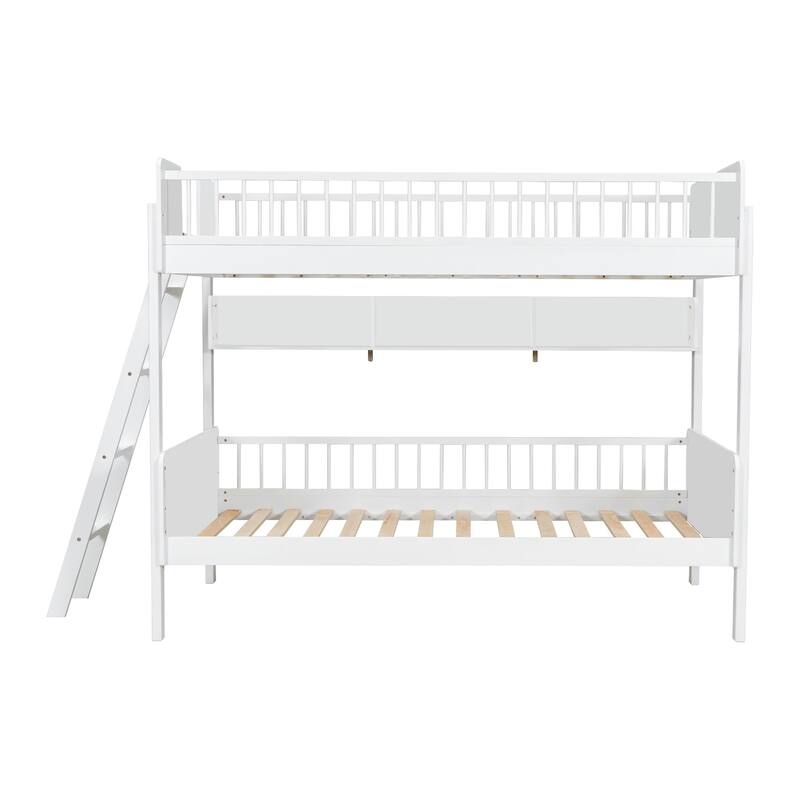Modern Twin over Twin Bunk Bed with Storage Shelves, Solid Wood Twin Size Bunk Bed Frame with Safety Guardrails and Ladder