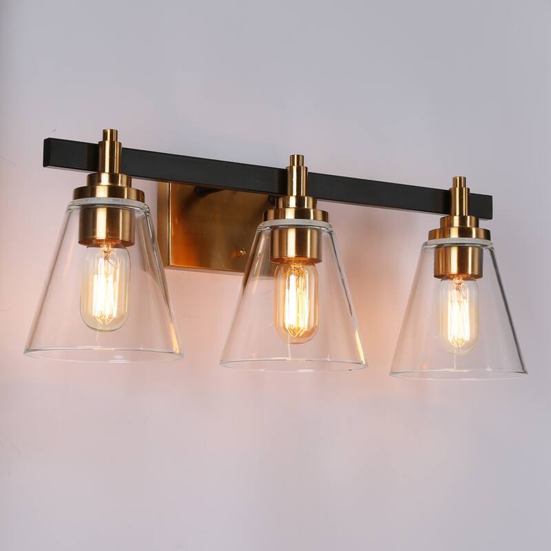 3-Light Mid-Century Modern Black Gold Bathroom Vanity Lights Clear Glass Wall Sconces