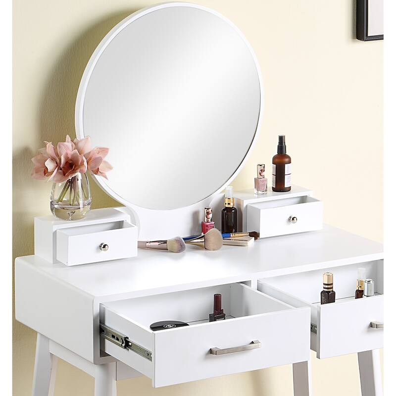 Liannon Contemporary Wood Vanity and Stool Set,Round Mirror