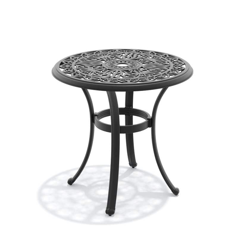 26.77 inch Black Round Cast Aluminum Patio Table with Umbrella Hole & Retro Design