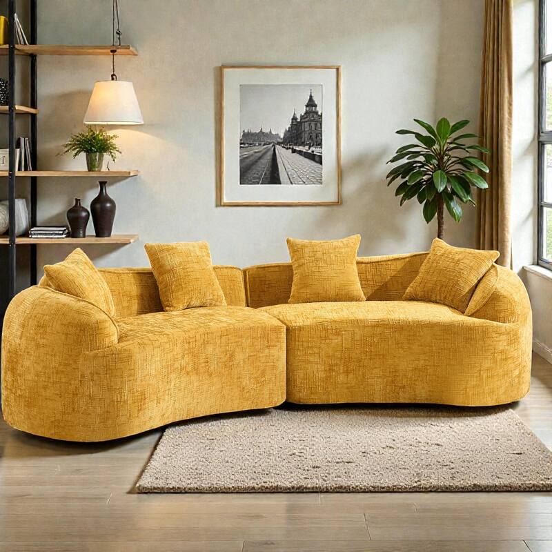 Curved Compressed Sofa Nordic Style, Chenille Upholstered 4 Seat Couch with Medium Soft Comfort for Living Room