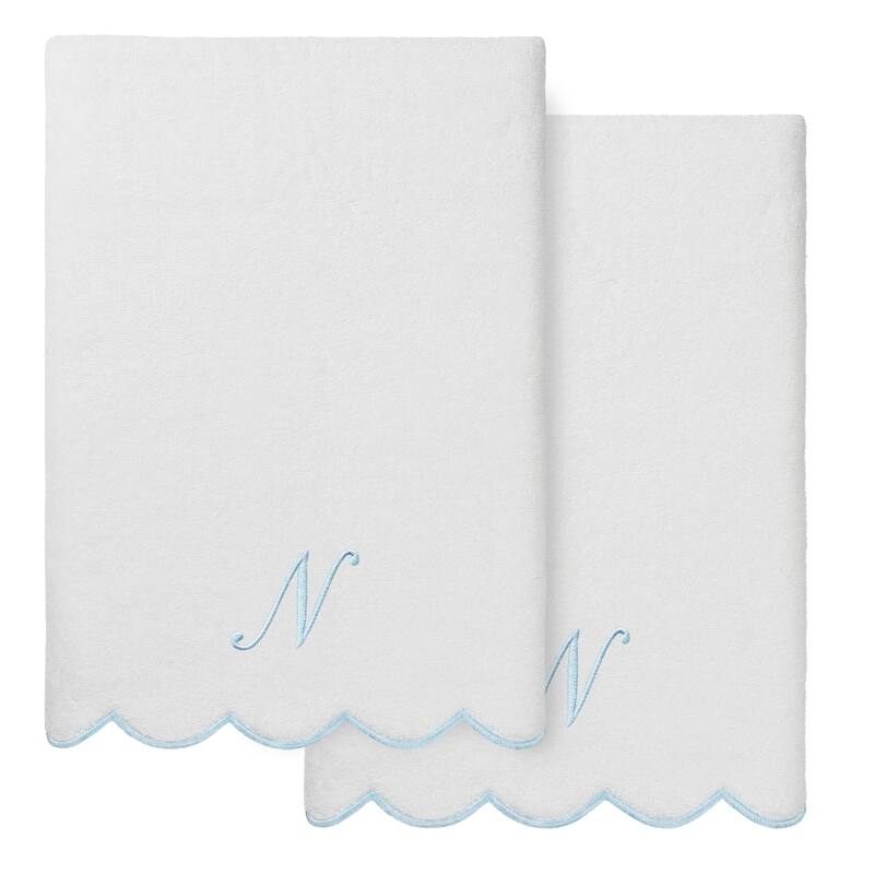 Authentic Hotel and Spa 100% Turkish Cotton Blue ADORNIA Scallop Personalized 2 Piece Bath Towel Set - 2 Bath Towels - N