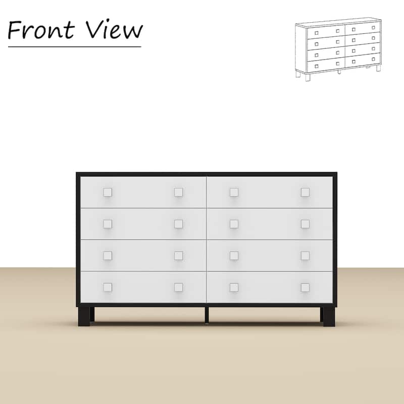 63" Modern 8 Drawer Dresser, Black & White Double Wide Bedroom Storage Chest