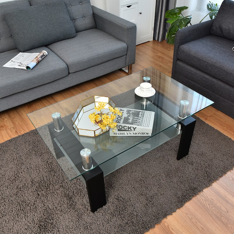 Costway Rectangle Glass Coffee Table Metal Legs End Table Livingroom