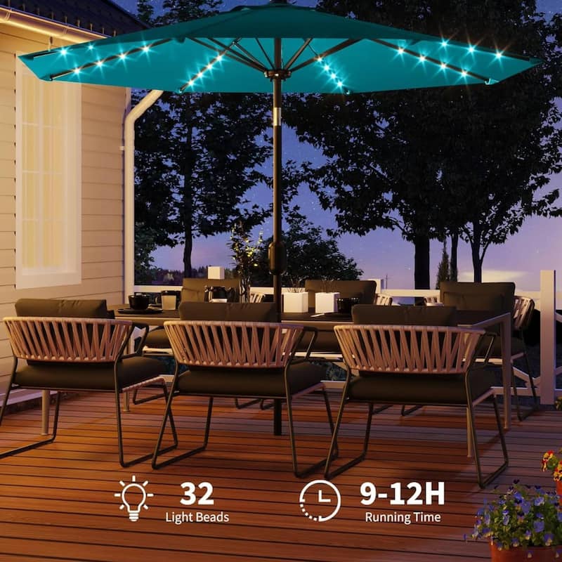 9 Ft Patio Umbrella with Solar Lights for Pool, Deck, Backyard