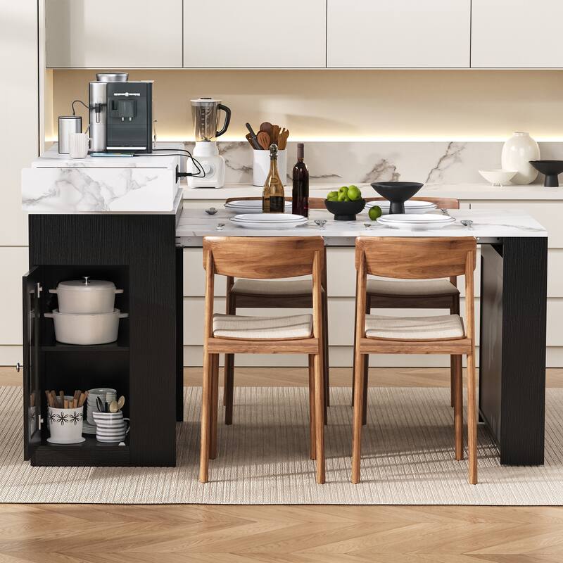 Extendable Kitchen Island Dining Table with Power Outlet, Rolling Sideboard with Folding Tabletop & Drawers