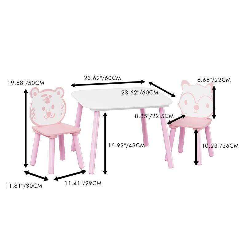 Kids Table and Chair Set, 3-Piece Wooden Toddler Desk with Animal Backrest, Activity Table