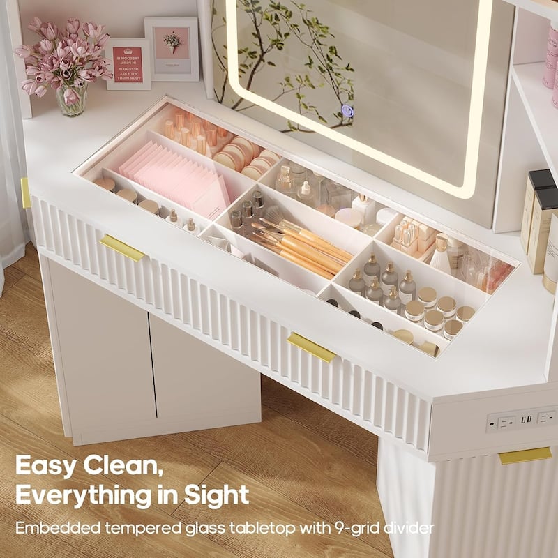 Corner Vanity Desk with Lighted Mirror Drawers Shelves Storage Stool