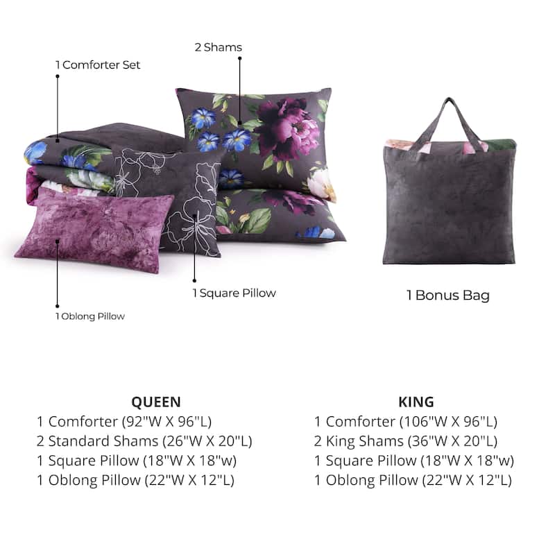 Bebejan Elegant Blossoms 200 Thread Count 100% Cotton Sateen 5 Piece Reversible Comforter Set