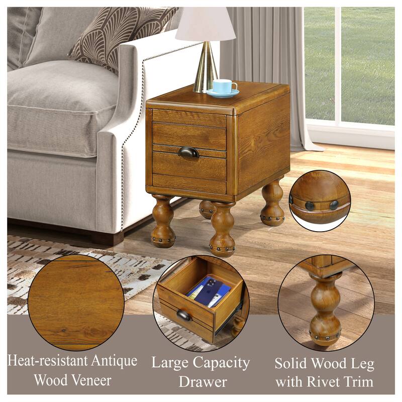 Solid Wood End Table, Rectangle 23.6 inch Narrow Side Table with Drawer, Vintage Bedside