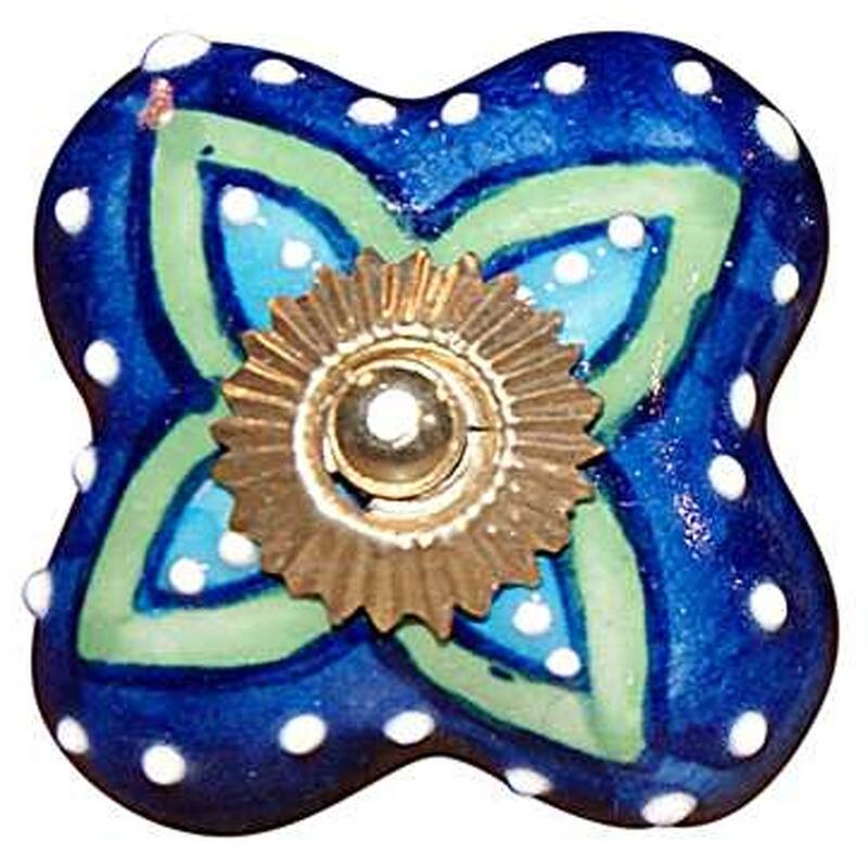 HomeRoots Set Of Eight Blue And Green Floral Ceramic Drawer Pull Knobs - 1.5" x 1.5" x 1.5"