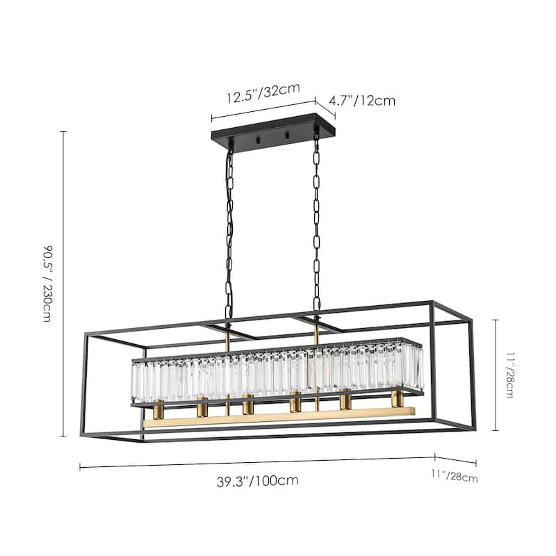 6-Light Modern Black & Gold Rectangular Crystal Large Chandelier for Dining Room Table - 39.37 in. W x 11.02 in. H x 11.81 in. D