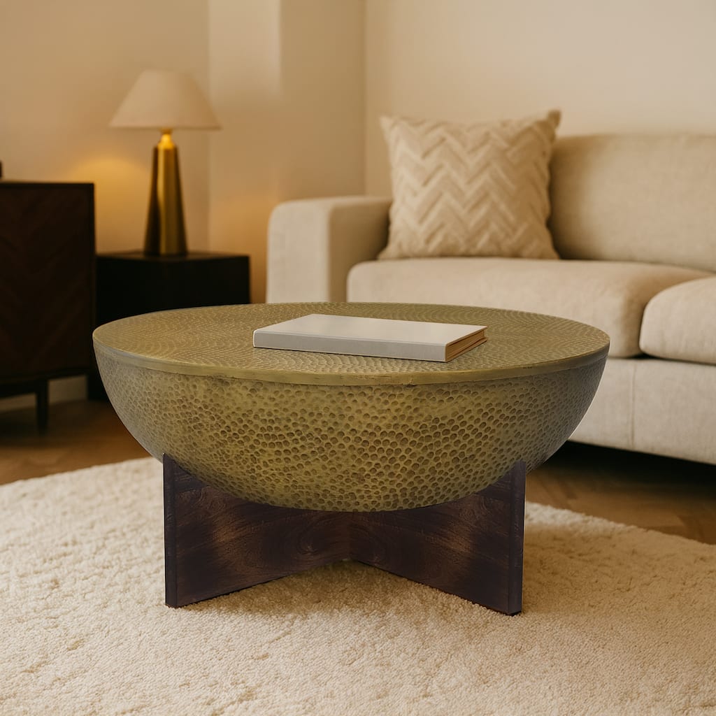 Arden Coffee Table, Round Hammered Metal Top, Mango Wood Base, Antique Brass