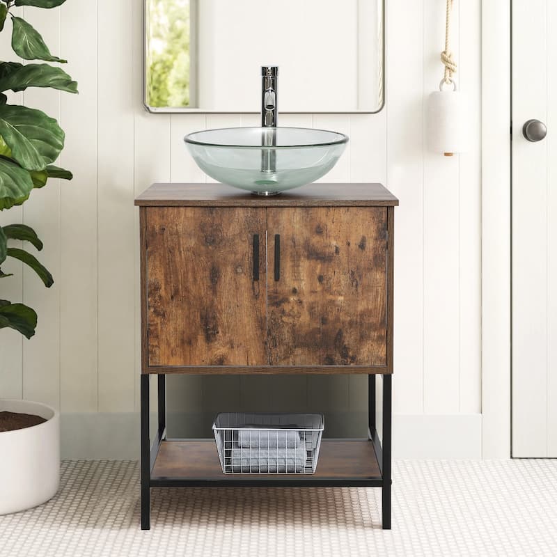 24" Bathroom Vanity Sink Set Brown Free-standing Manufactured Wood with Sink Faucet Drain Combo - clear round sink
