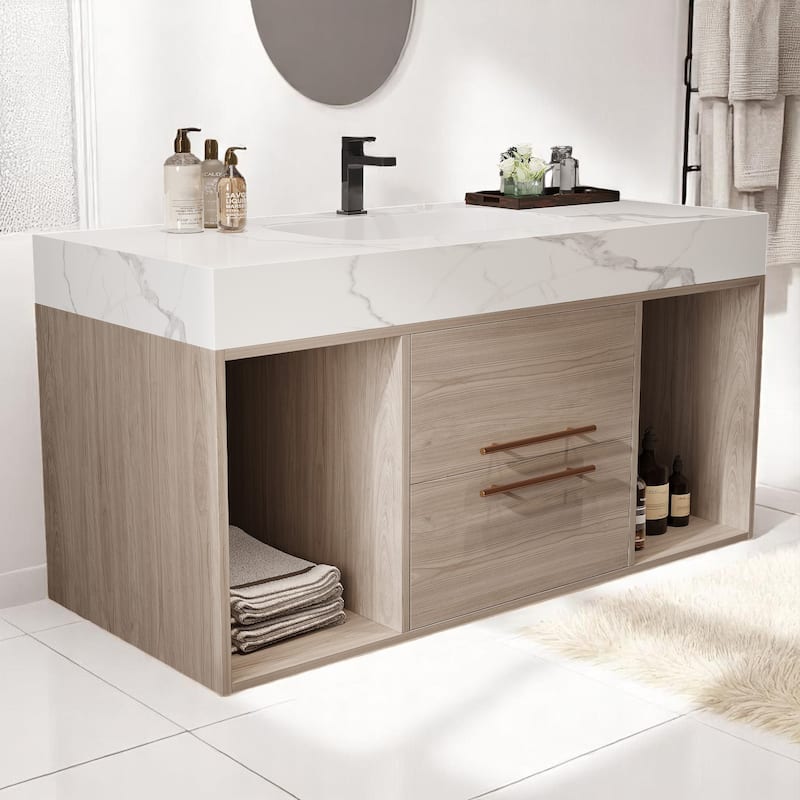 Modern 39.4 Inch Floating Bathroom Vanity with Ceramic Sink, Solid Wood Cabinet & Gold Metal Handles