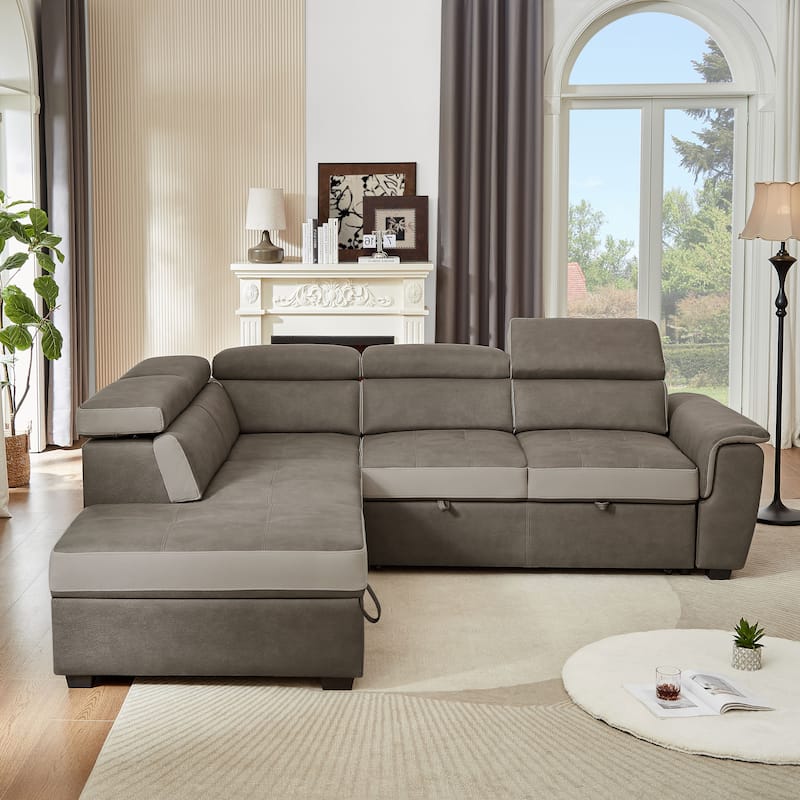 L Shaped Sectional Sofa with Pull Out Bed and Storage Compartment - Right Facing