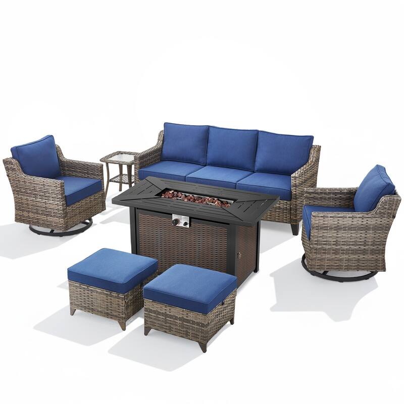Glissia 7-Piece Gray Wicker Fire Pit Conversation Set with Wicker fire pit