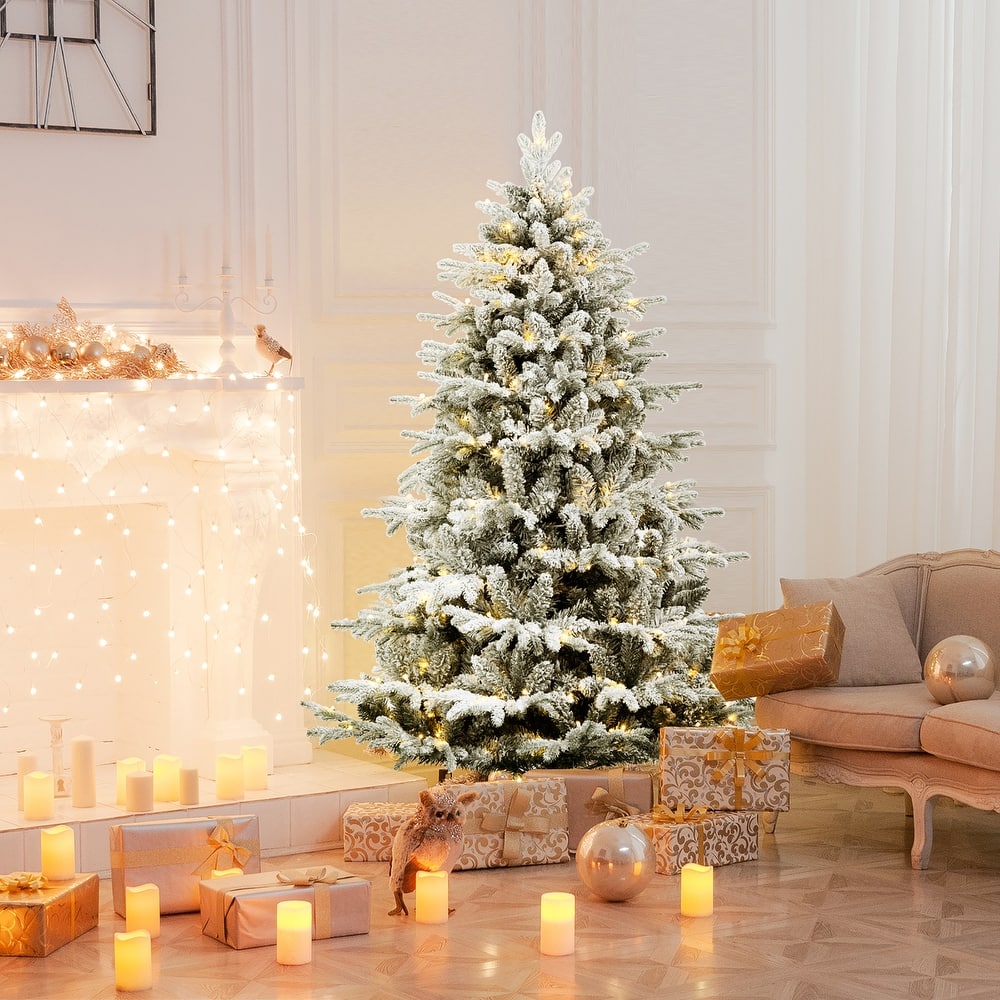 Gymax 4.5/6/7ft Snow Flocked Decoration Christmas Tree w/LED Lights &