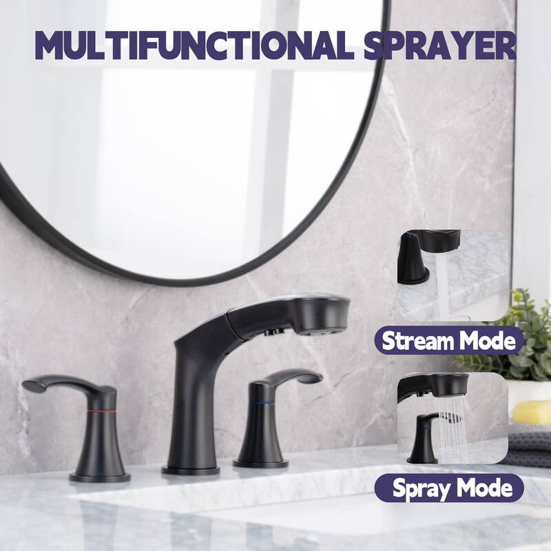 2 Handle Bathroom Sink Faucet with Pull Out Sprayer, Silent Splashback, Rust and Corrosion Resistant, Resists Discoloration