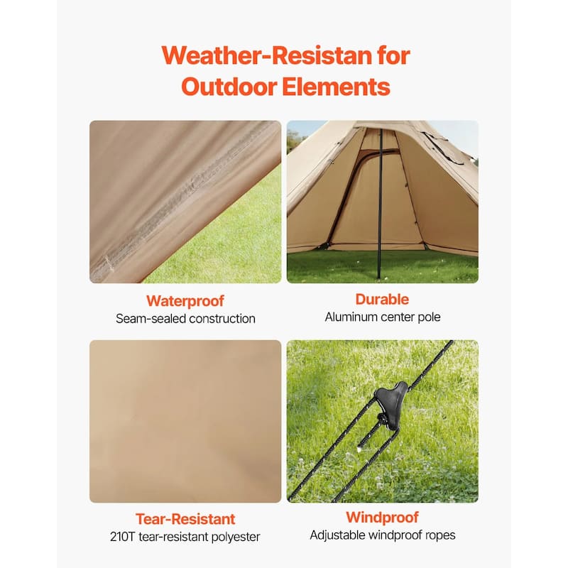 Large Pyramid Camping Tent with Stove Jack and Windproof Waterproof 4-Season Outdoor Shelter