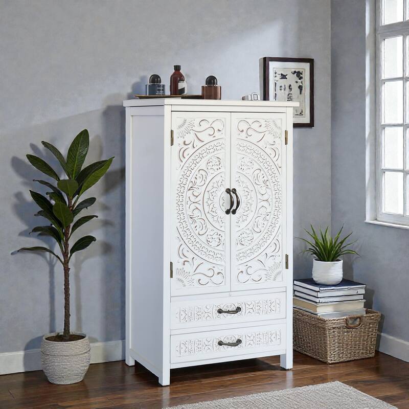 27'' White Tall Storage Cabinet with Doors and Drawers, Rustic Wood Accent Pantry Sideboard Tower for Home Organization