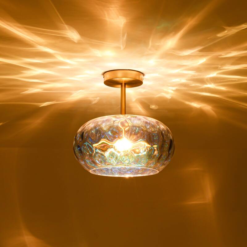 11.8" 2-Light Luxury Gold Semi-Flush Mount Ceiling Light with Hammered Glass Shade for Hallway, Bedroom