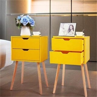 Mid Century Wood Nightstand with 2 Drawers and Pinewood Leg (Set of 2 ...