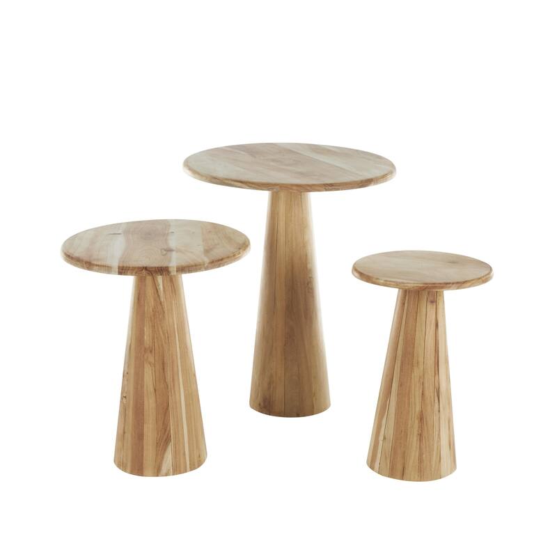 Brown or Light Brown Wood Side End Accent Table with Natural Wood Grains and Cone Shaped Bases (Set of 3)