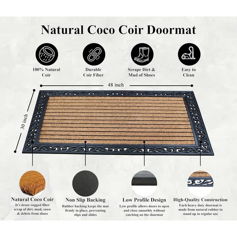 A1HC Rubber and Coir Striped Border Durable Double Door Doormat Black/Beige - 30"X48"