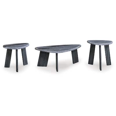 Bey 3pc Coffee n Table Set, Gray Faux Marble Top, Geometric Panel Base