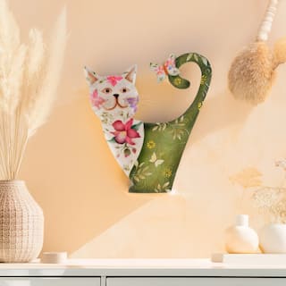 Eangee Handmade Cat Capiz Shell Wall Decor White And Green, 11 x 1 x 14 in.