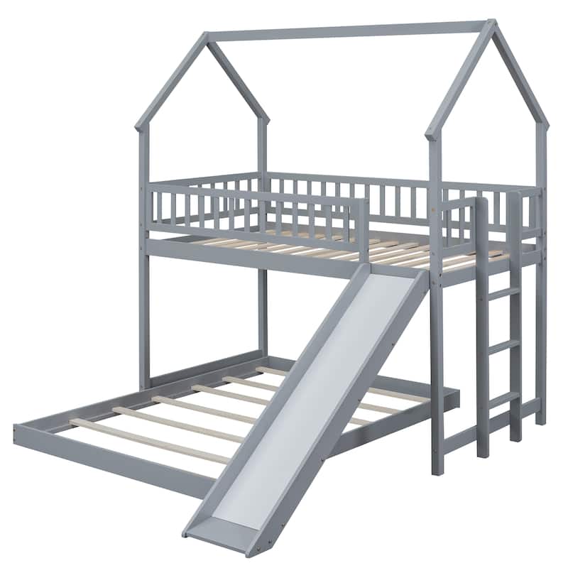 Twin Over Full House Bunk Bed with Slide, Built-in Ladder, and Guardrails