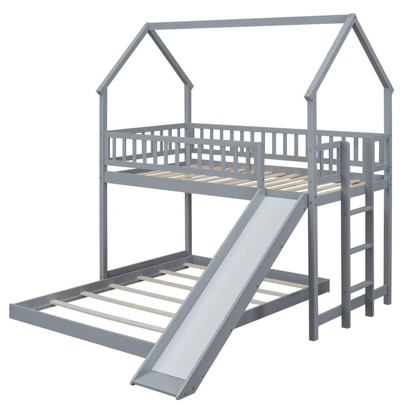 Twin Over Full House Bunk Bed with Slide and Built-in Ladder, Full-Length Guardrails