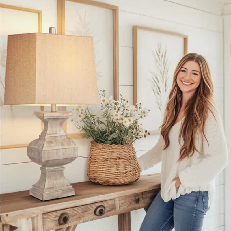 33-inch Large Retro Resin Table Lamp, Rustic Side Table Lamp For Living Room Decor, With 1 LED Bulb, Beige