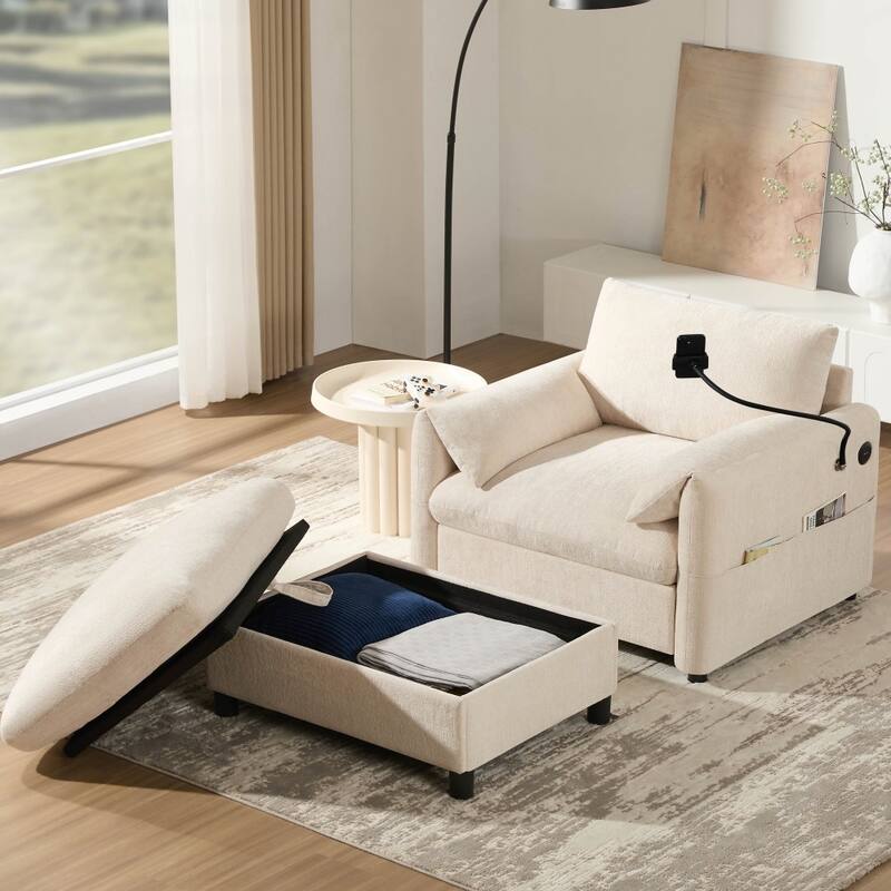38" Chenille Single Sofa with Storage Ottoman, USB Charger, Side Storage Pockets, Pillow-like Armrests - Beige