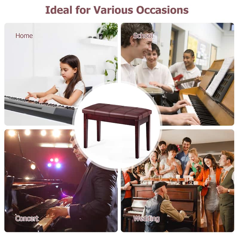 Costway Solid Wood PU Leather Piano Bench Padded Double Duet Keyboard
