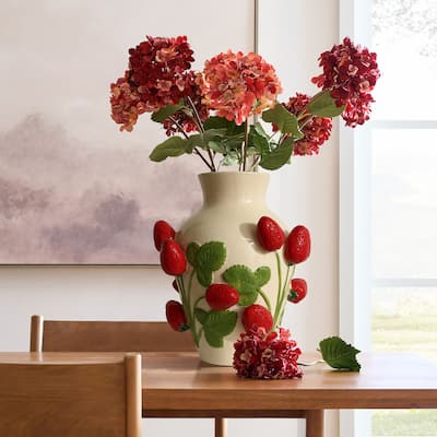 Ivory with Red Strawberries Ceramic 11-Inch Tall Vase