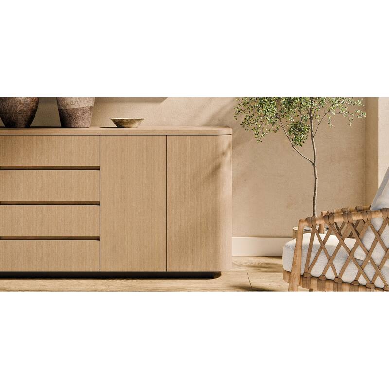 Light Oak Sideboard Buffet Cabinet with 4 Drawers & 2 Doors, Push-to-Open System, Waterproof Surface & Anti-Tip Kit Dresser