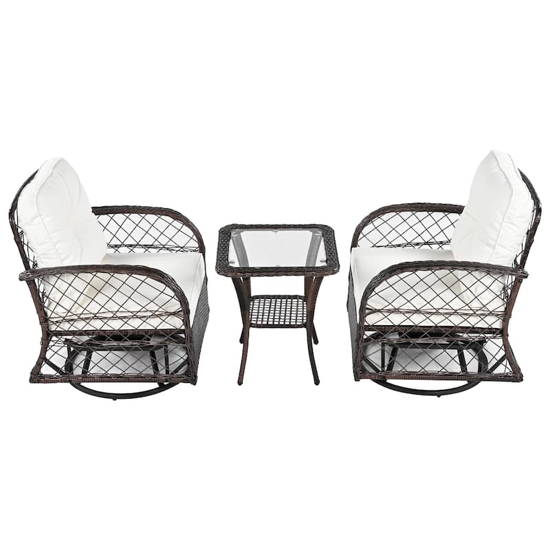 3-Piece Outdoor Chair Table Set Chat with Square Table & 2 Swiveling Chairs Set 2-person Rattan Seating Group for Garden Brown