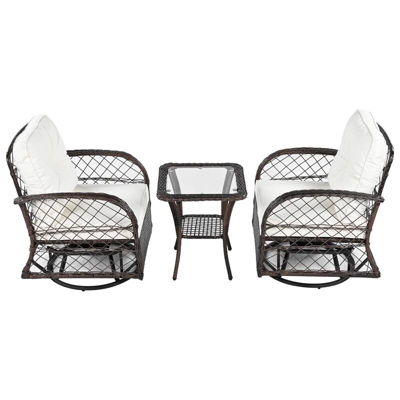 3-Piece Outdoor Patio Set with Two 360° Swivel Rattan Chairs and Tempered Glass Square Table