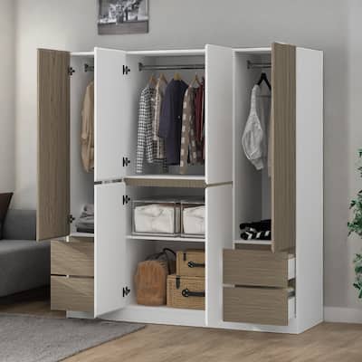Open Wardrobe Closet with Shelves, Drawers & Dual Rods for Bedroom, White
