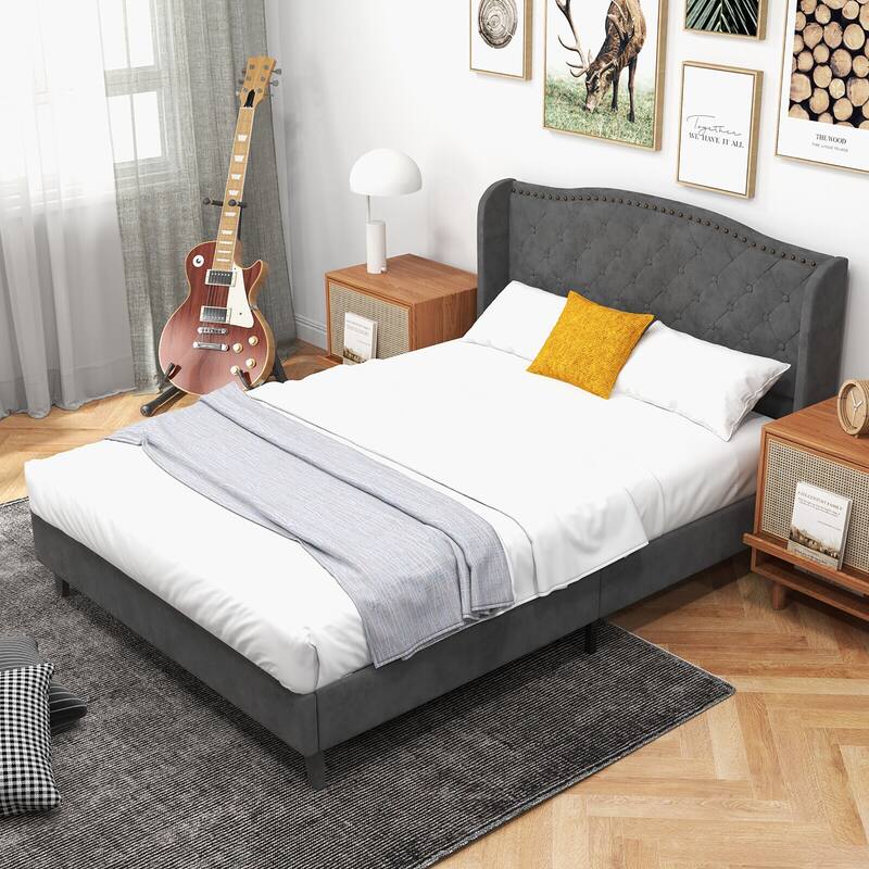 Gymax Full Upholstered Platform Bed Frame w/ Button Tufted Headboard