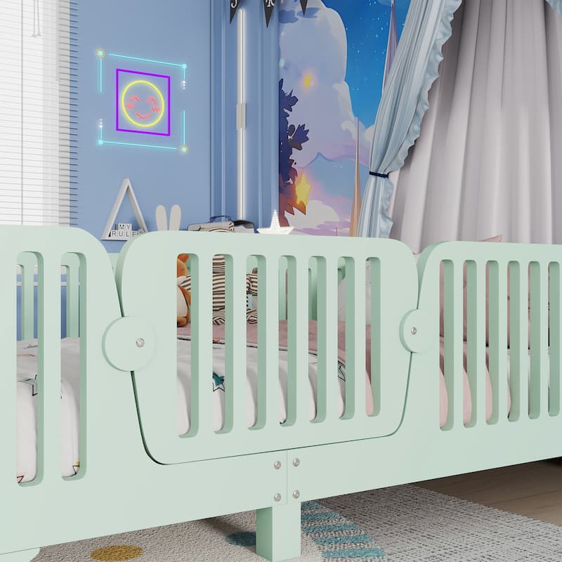 Twin Floor Bed with Slats and Fence, Twin Size Montessori Floor Beds with Door, No Box Spring Needed