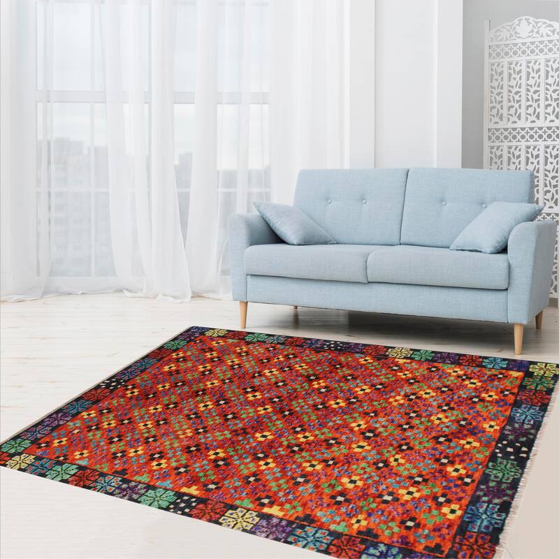 Eclectic Balochi Peters Orange/Black Hand Knotted Wool Rug - 3'4'' x 4'9''