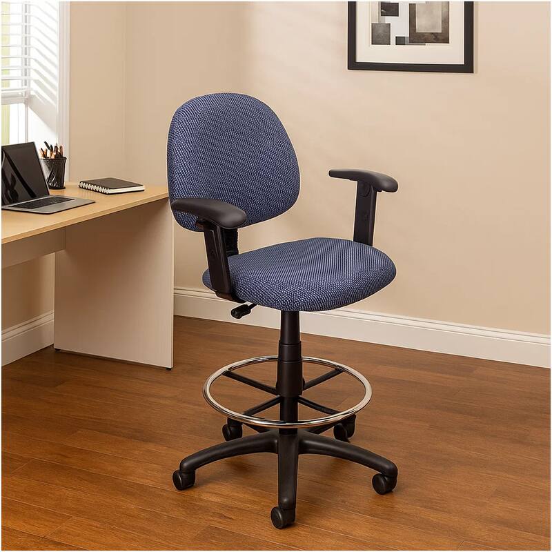 Jea Drafting Stool Chair, Adjustable Arms, Blue Tweed, Round Footring