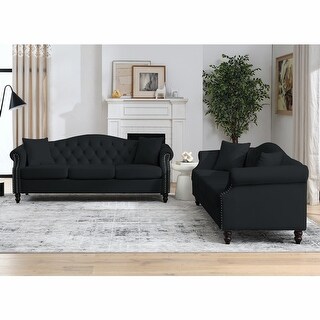 Chesterfield Velvet 2 Pcs 3 Seat Sofa & Loveseat, 2 Pillows, Black - 3 ...