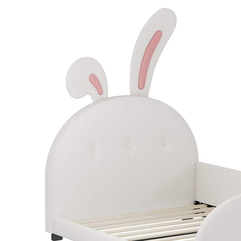 Cute Rabbit Design Twin Size Platform Bed with Upholstered Headboard & Footboard聽