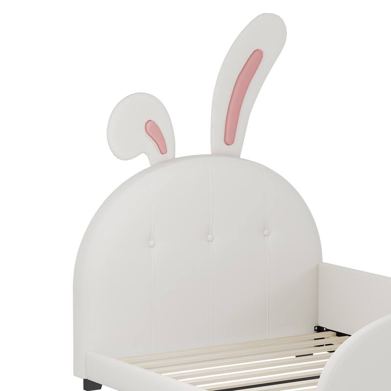 Twin Size Rabbit-Shaped Upholstered Princess Bed with Headboard and Footboard, White